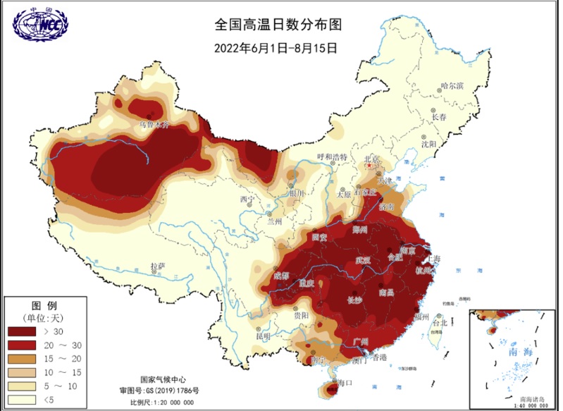 2022年6月1日至8月15日的高温天数地图。深红色表示高温天数更多。